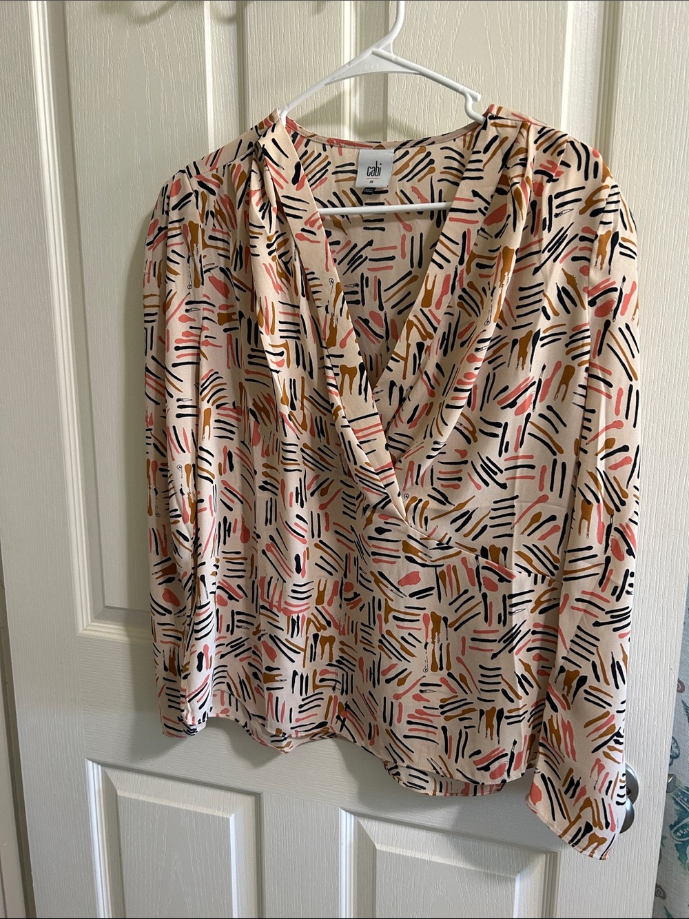 CAbi Cream Abstract-Brush Stroke Pattern Drape V-Neck Blouse